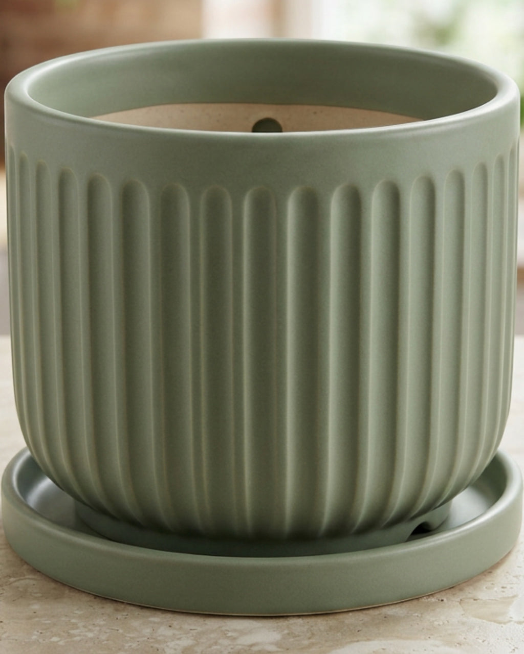 Zmvix Fluted Ceramic Planter with Saucer 18 cm Sage - Lifestyle view