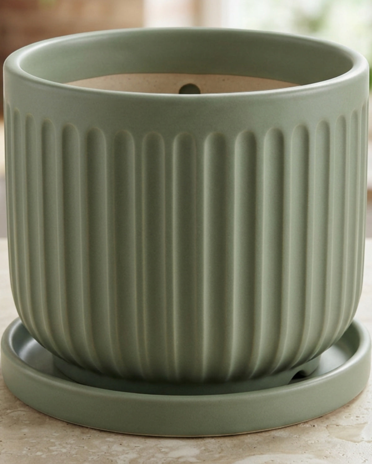 Zmvix Fluted Ceramic Planter with Saucer 18 cm Sage - Lifestyle view