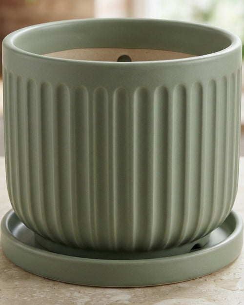 Zmvix Fluted Ceramic Planter with Saucer 18 cm Sage - Lifestyle view