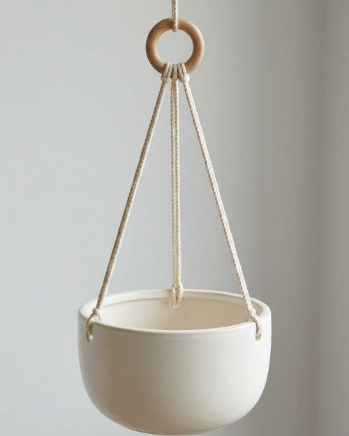 Zmvix Hanging Ceramic Planter 16 cm with Cotton Rope Warm White - Lifestyle view