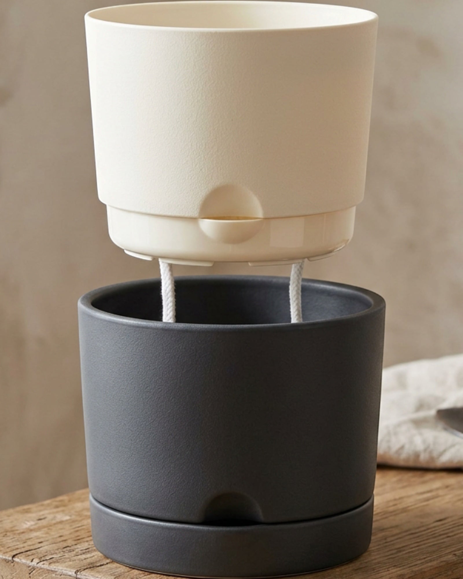 Zmvix Ceramic Reservoir Planter 20 cm with Inner Pot and 2 Wicks Charcoal - Lifestyle view
