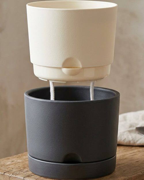 Zmvix Ceramic Reservoir Planter 20 cm with Inner Pot and 2 Wicks Charcoal - Lifestyle view